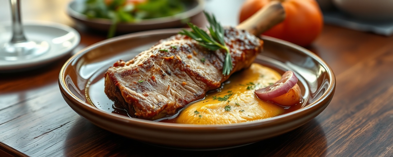 Cerdo Braiseado al Cardamomo con Puré de Melloco y Camote