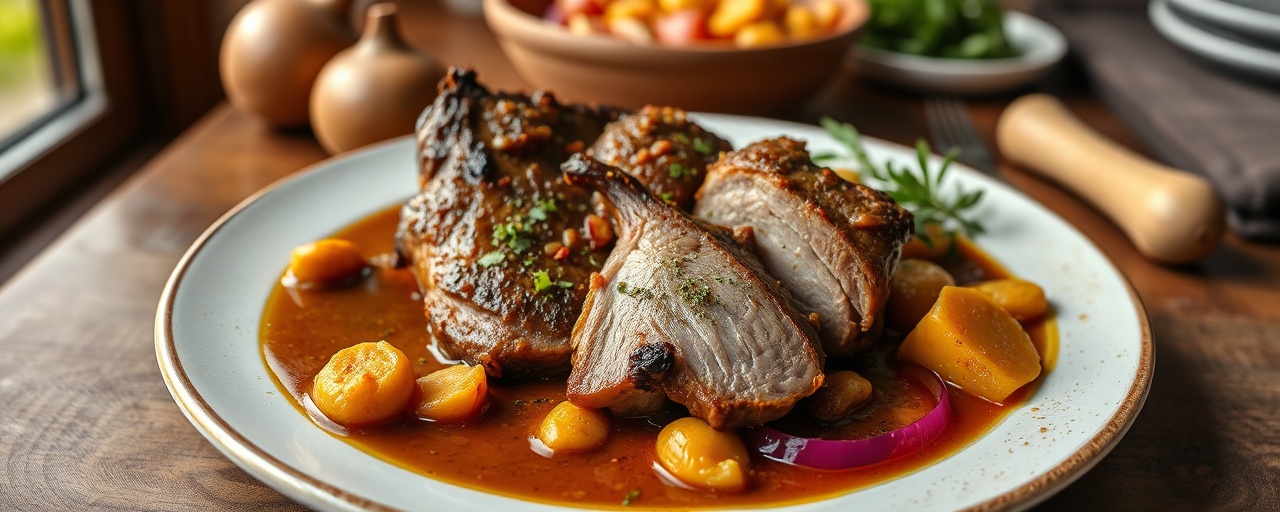Cerdo Braiseado al Cardamomo con Puré de Melloco y Camote