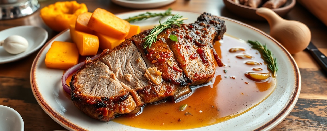 Cerdo Braiseado al Cardamomo con Puré de Melloco y Camote