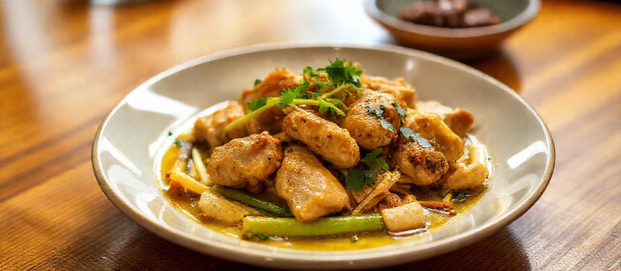 Cha Kroeung Sach Mouan Khtis (Stir-fried Chicken with Lemongrass Paste and Coconut Milk)