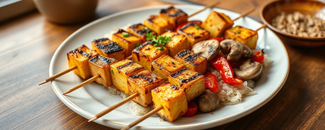 Charcoal-Grilled Five-Spice Plantain and Tofu Skewers