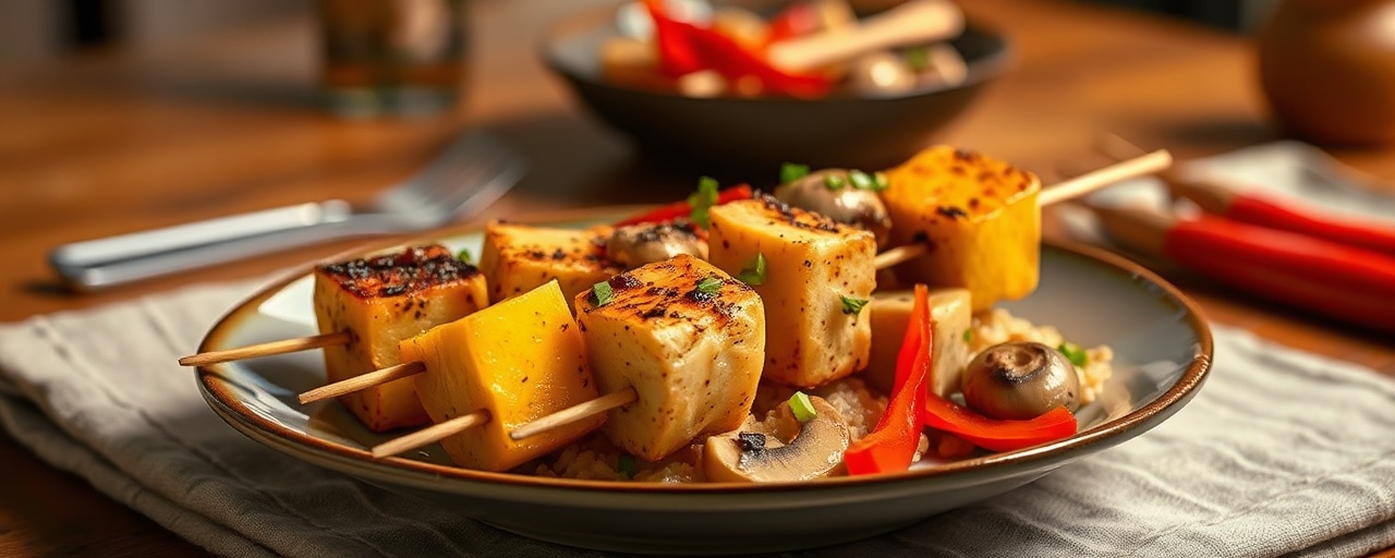 Charcoal-Grilled Five-Spice Plantain and Tofu Skewers
