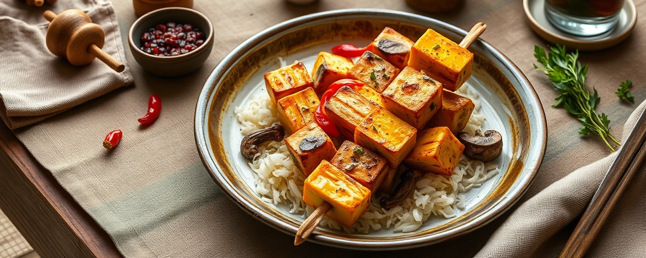 Charcoal-Grilled Five-Spice Plantain and Tofu Skewers