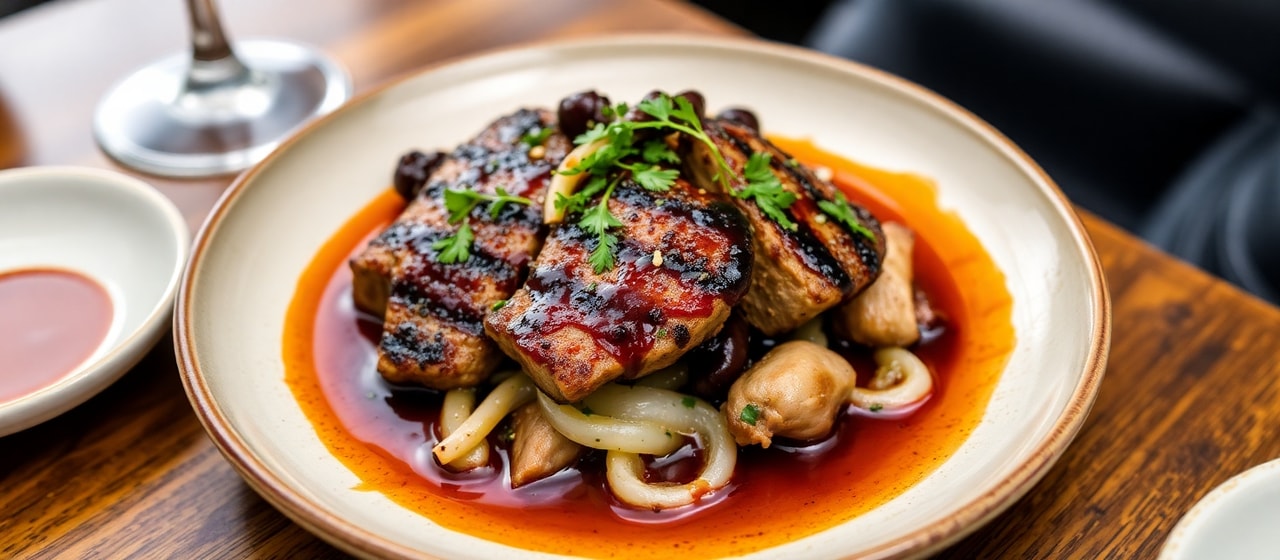 Charcoal-Grilled Miso-Marinated Pork Mtsvadi with Plum-Miso Glaze