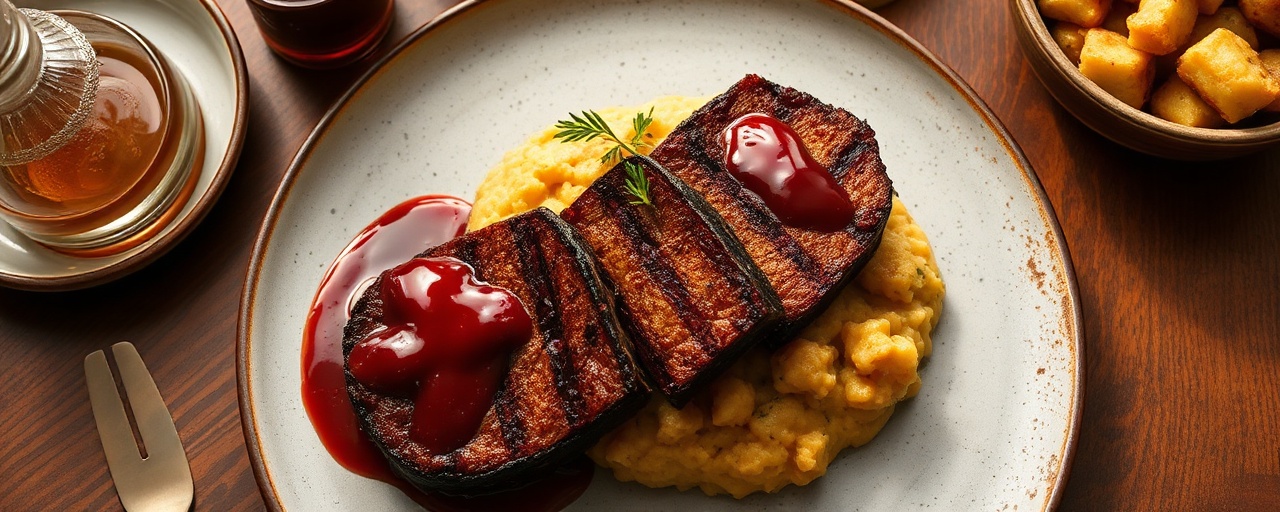 Charcoal-Grilled Seitan Steaks with Lingonberry Glaze and Root Vegetable Mash