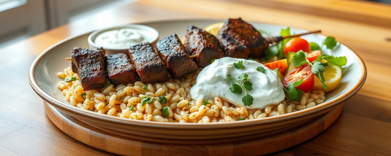 Charcoal-Grilled Short Rib Souvlaki with Lemon-Herb Orzo Salad and Tzatziki