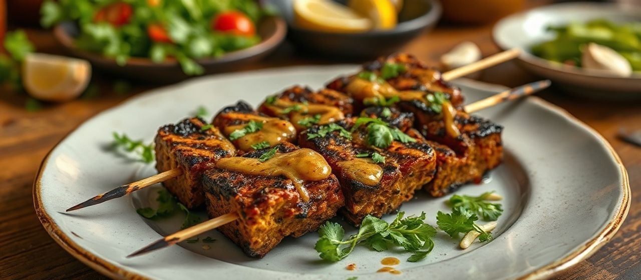 Charcoal-Grilled Spiced Tempeh Skewers with Peanut Glaze