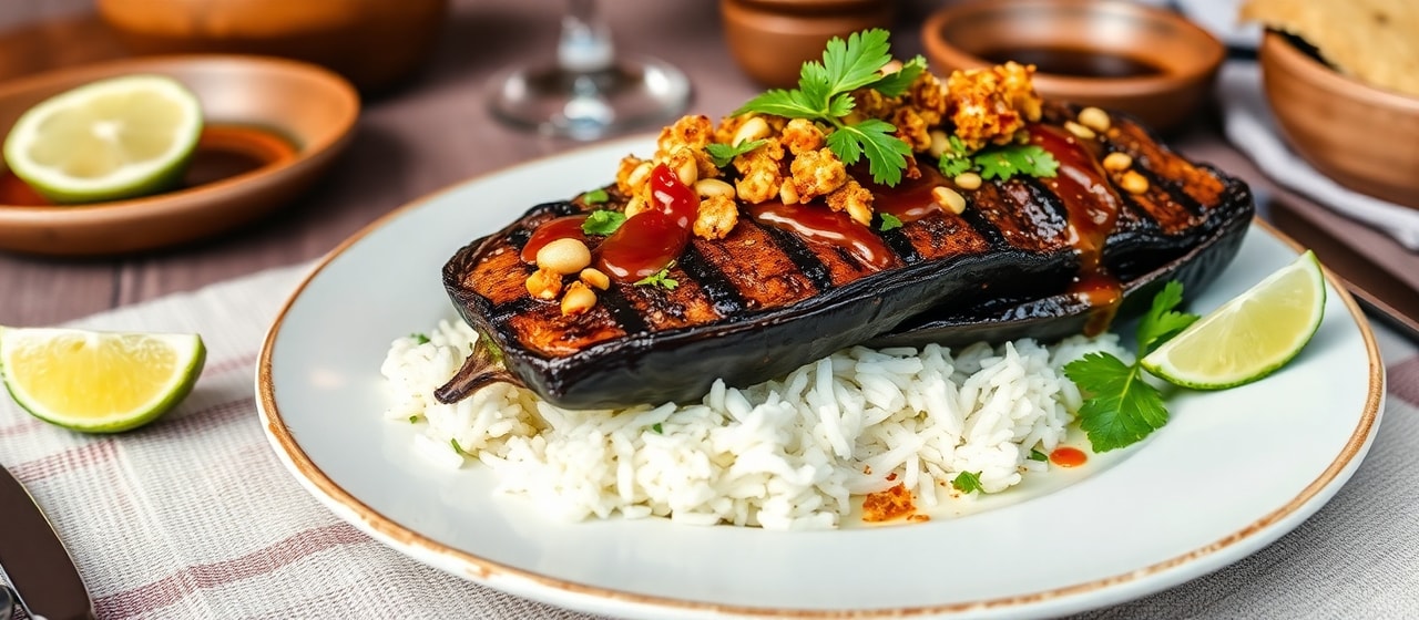 Charcoal-Grilled Thai Harissa Eggplant with Peanut-Lime Glaze