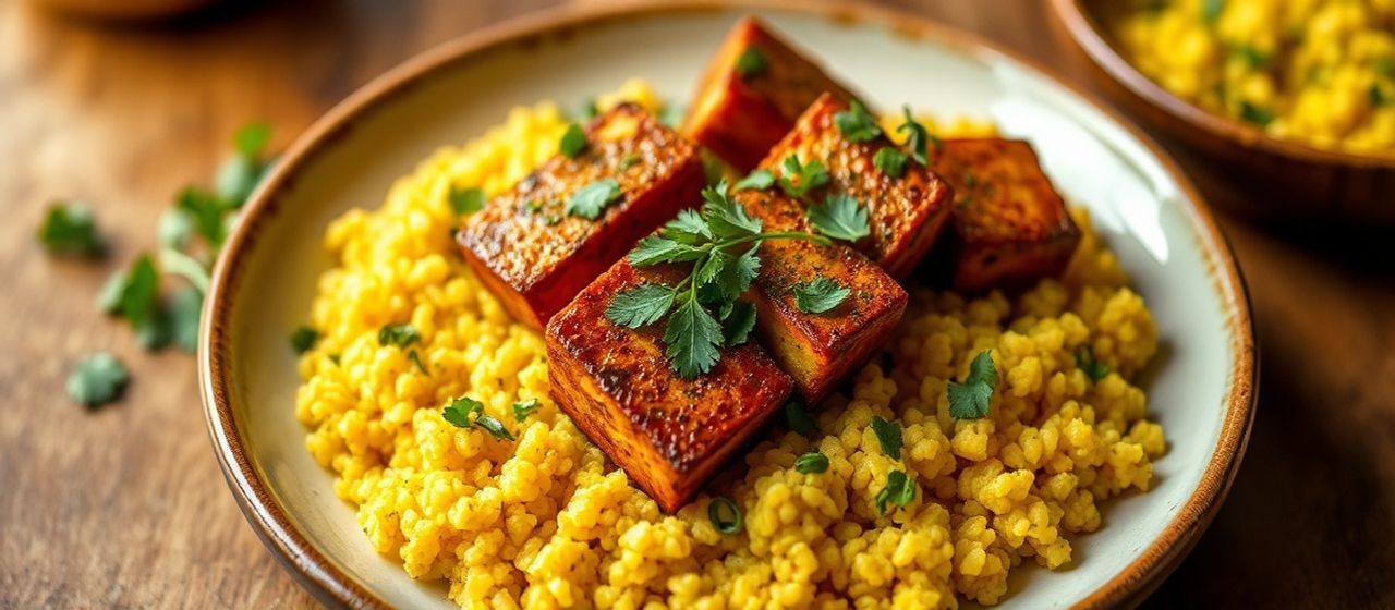 Chermoula-Spiced Flash-Fried Tofu with Saffron Couscous