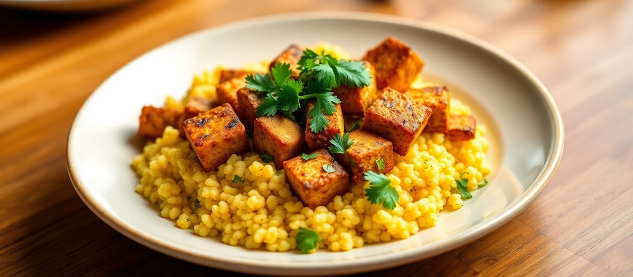 Chermoula-Spiced Flash-Fried Tofu with Saffron Couscous