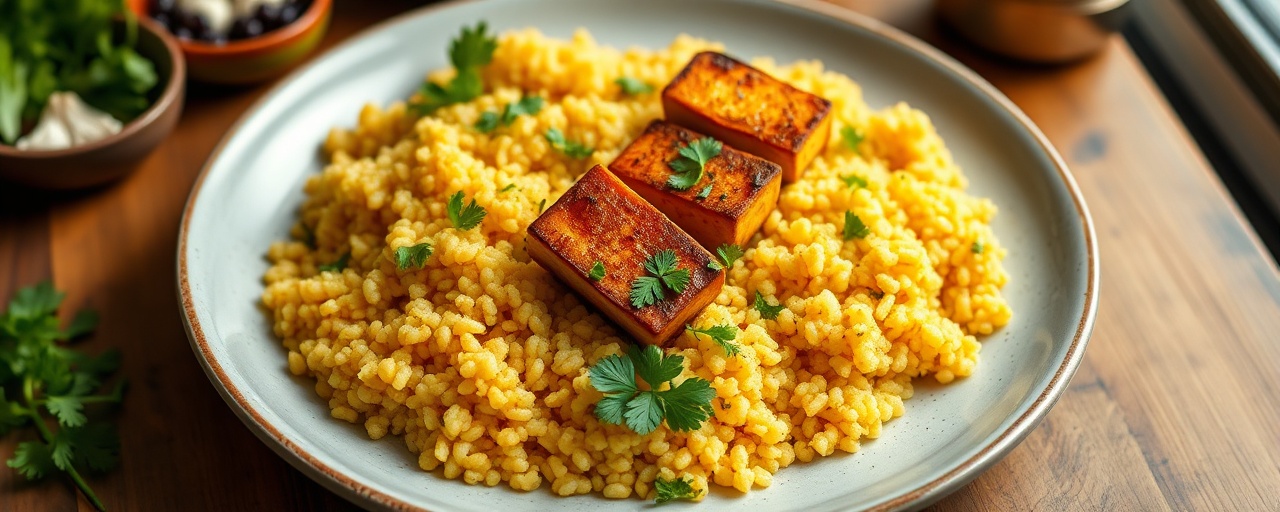 Chermoula-Spiced Flash-Fried Tofu with Saffron Couscous