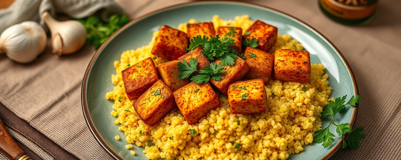 Chermoula-Spiced Flash-Fried Tofu with Saffron Couscous