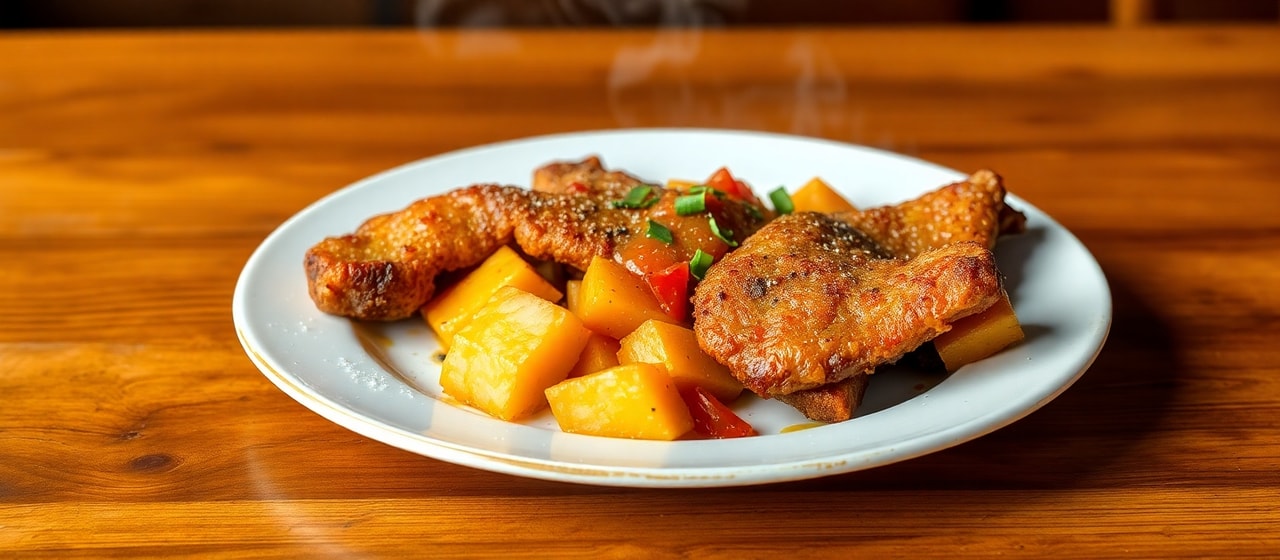 Chicharrón de Panceta Crujiente con Camote Glaseado y Salsa Criolla de Rocoto