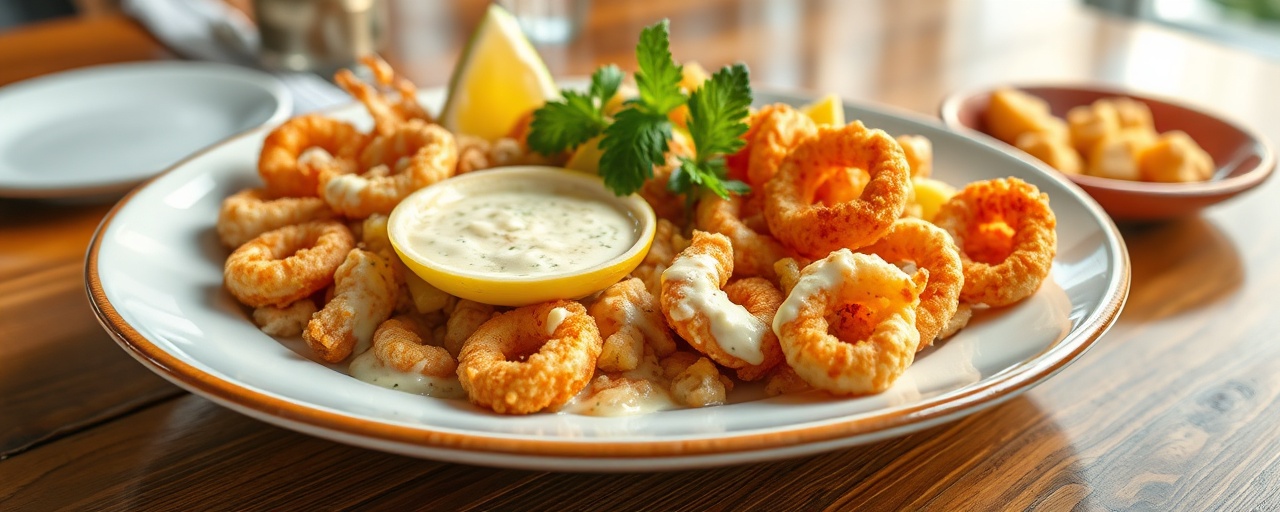 Chicharrones de Calamar y Yuca con Crema de Ají Limo y Limón Curtido