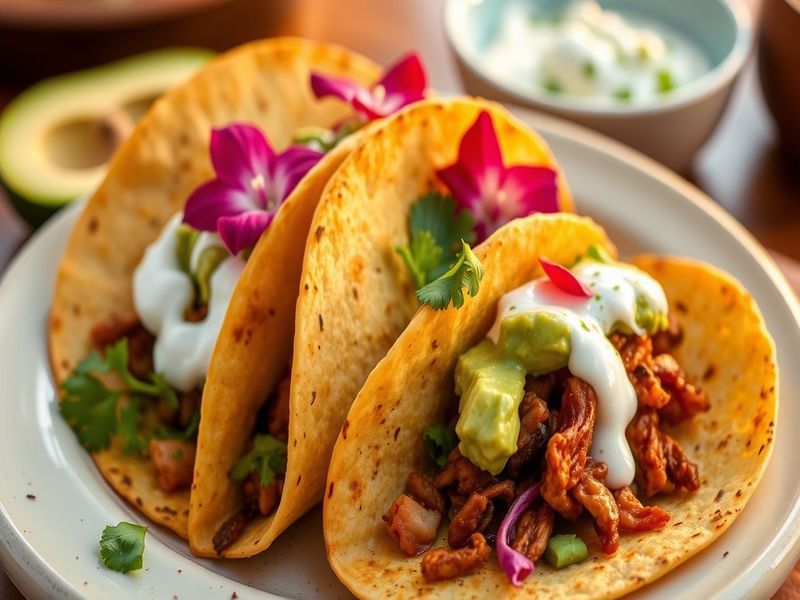 Chile Ancho & Hibiscus Flower Tacos with Avocado Crema