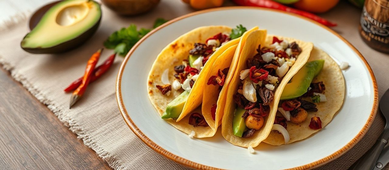 Chile Ancho & Hibiscus Flower Tacos with Avocado Crema