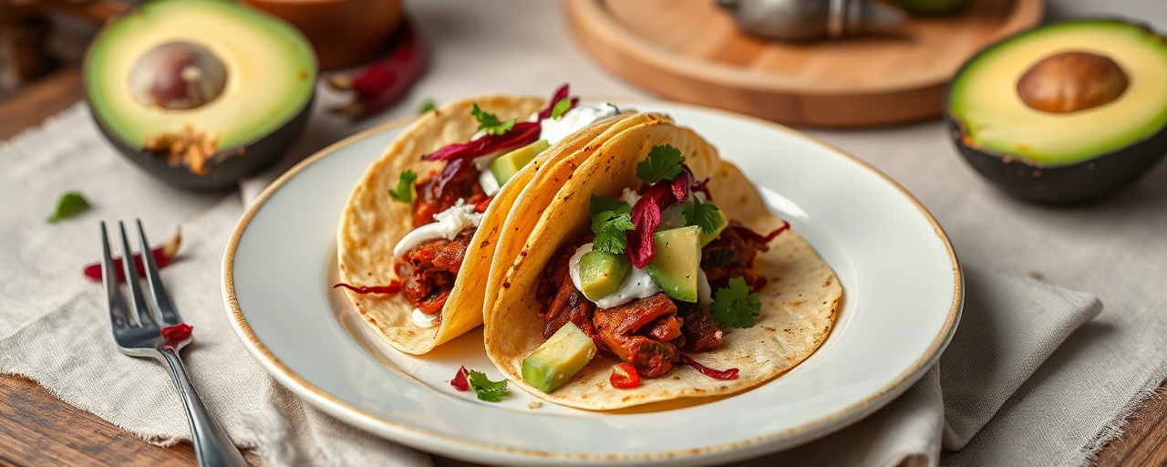 Chile Ancho & Hibiscus Flower Tacos with Avocado Crema