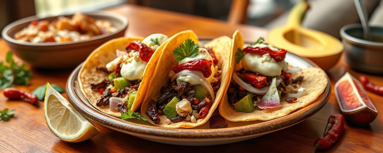 Chile Ancho & Hibiscus Flower Tacos with Avocado Crema