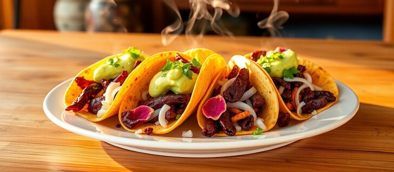 Chile Ancho & Hibiscus Flower Tacos with Avocado Crema