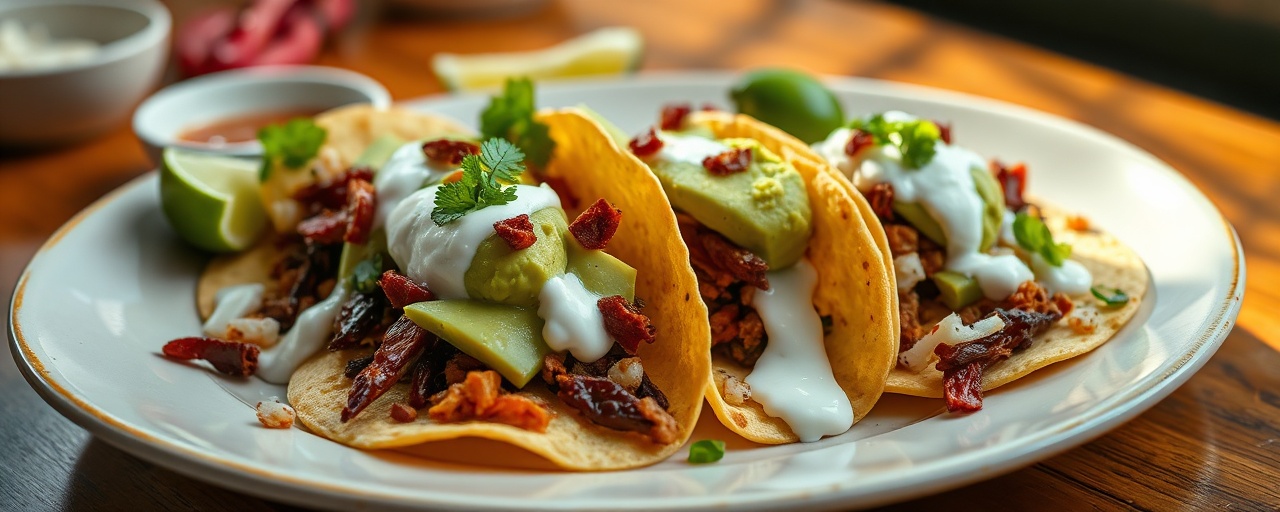 Chile Ancho & Hibiscus Flower Tacos with Avocado Crema