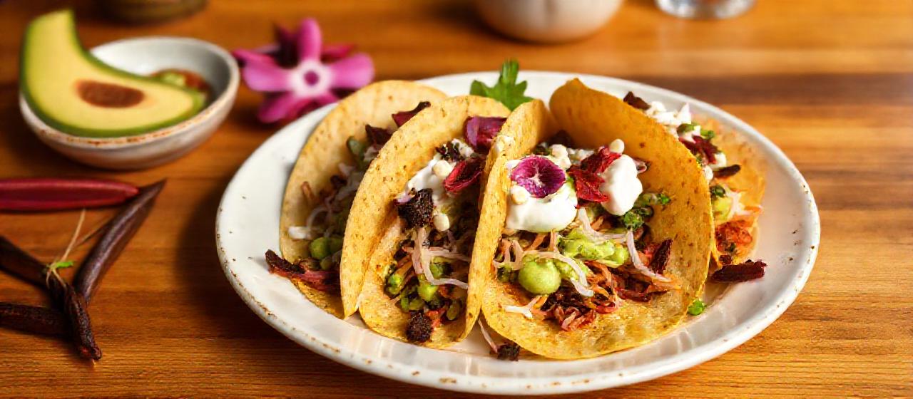 Chile Ancho & Hibiscus Flower Tacos with Avocado Crema