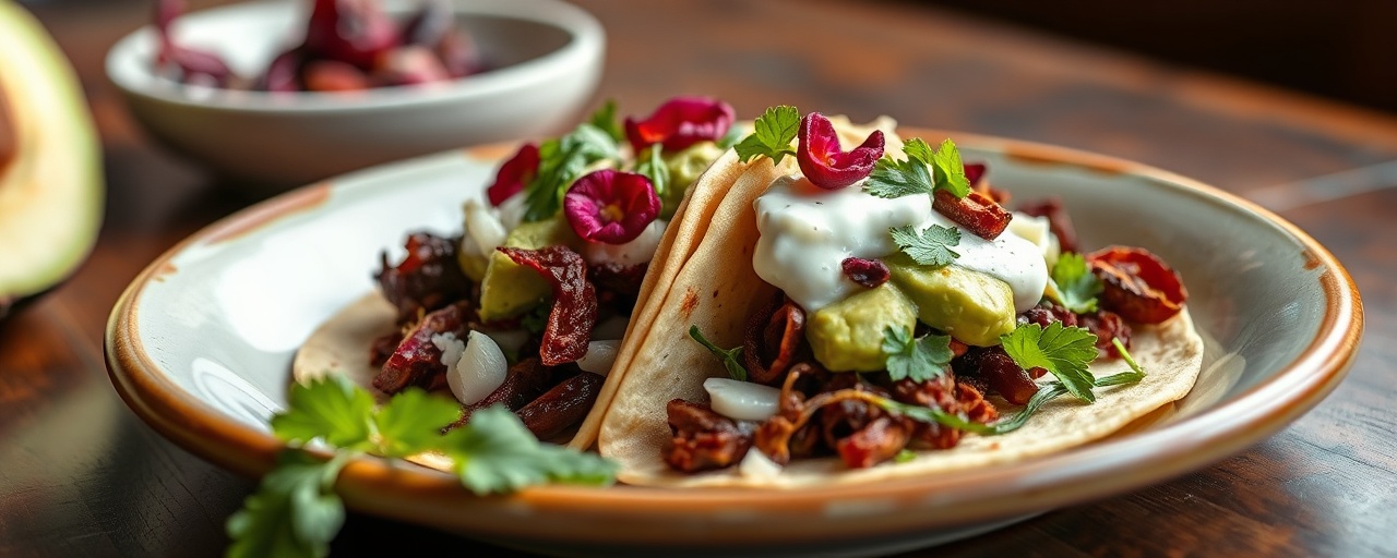 Chile Ancho & Hibiscus Flower Tacos with Avocado Crema