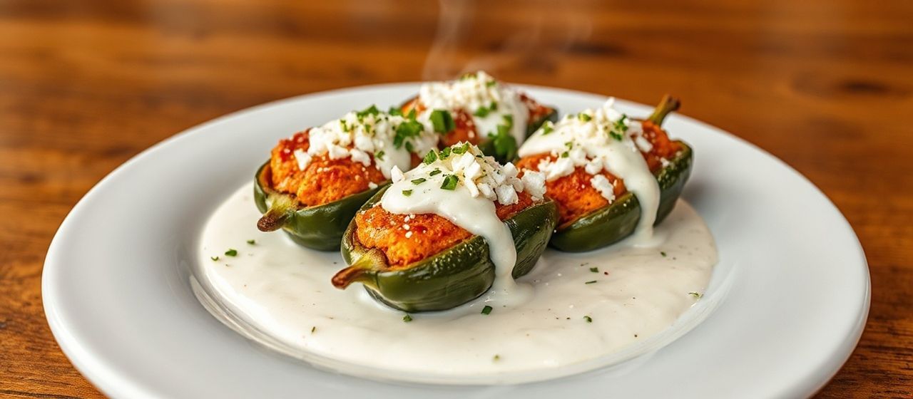 Chile Relleno Stuffed Poblano Peppers with Queso Fresco Cream Sauce
