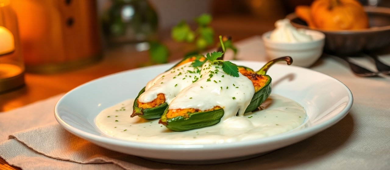 Chile Relleno Stuffed Poblano Peppers with Queso Fresco Cream Sauce