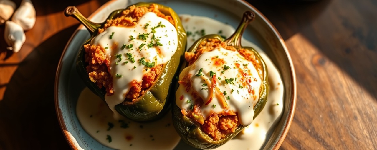 Chile Relleno Stuffed Poblano Peppers with Queso Fresco Cream Sauce