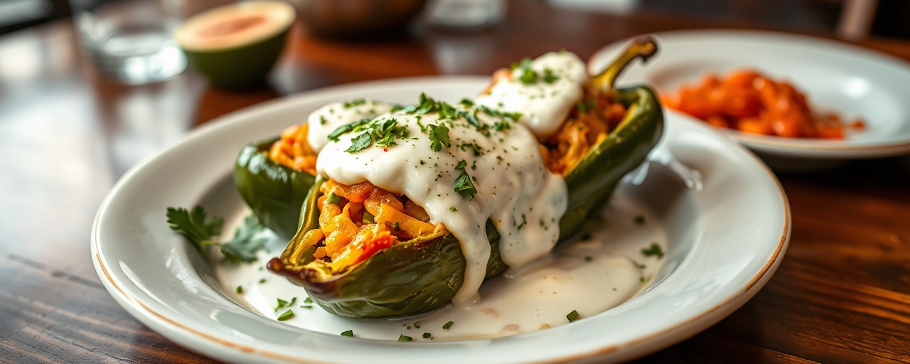 Chile Relleno Stuffed Poblano Peppers with Queso Fresco Cream Sauce
