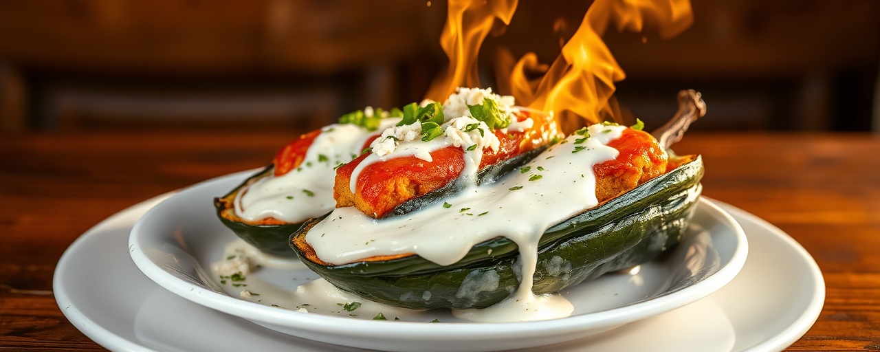 Chile Relleno Stuffed Poblano Peppers with Queso Fresco Cream Sauce