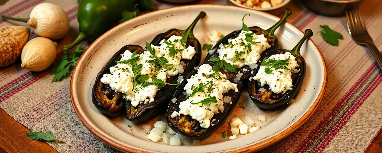 Chiles Rellenos de Ajo Negro y Requesón