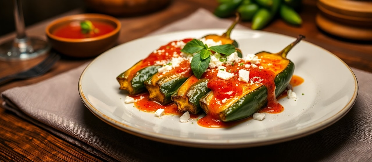 Chiles Rellenos de Plátano Macho con Salsa Roja Picante