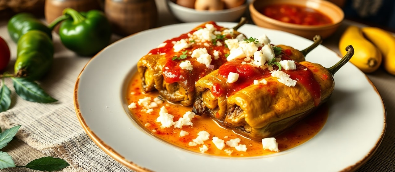 Chiles Rellenos de Plátano Macho con Salsa Roja Picante