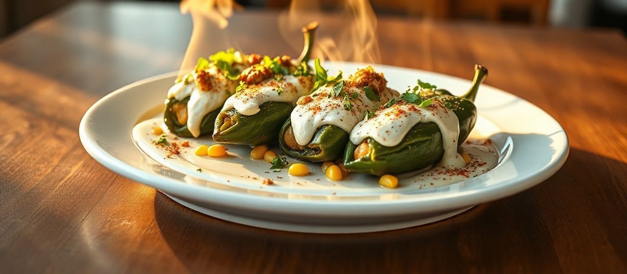 Chiles Rellenos with Huitlacoche and Poblano Cream Sauce