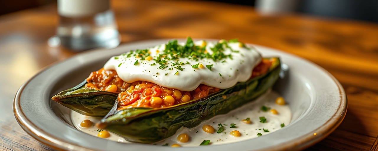 Chiles Rellenos with Huitlacoche and Poblano Cream Sauce