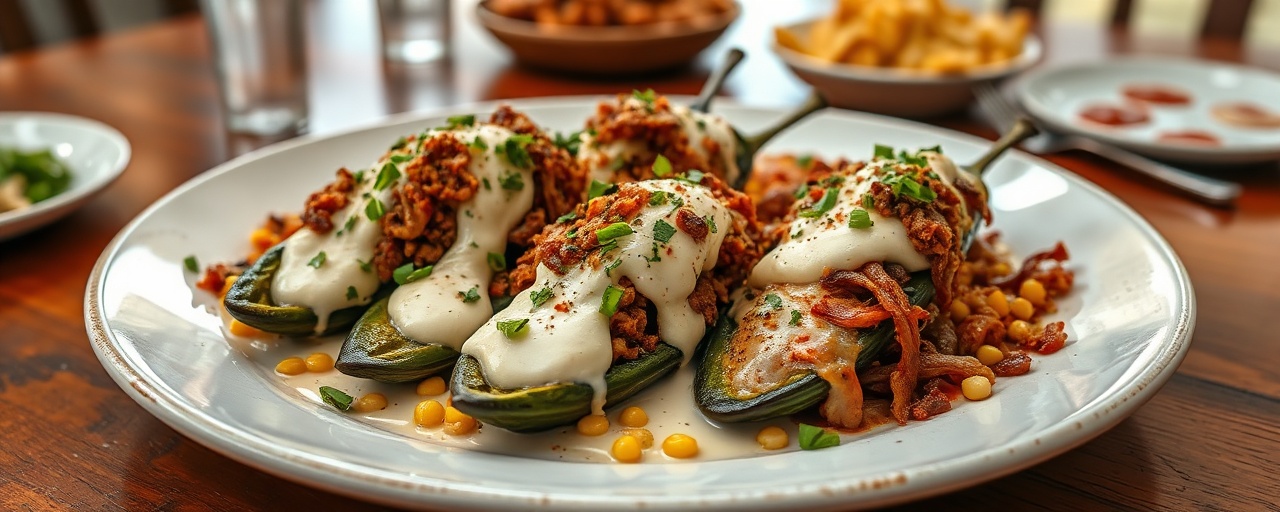 Chiles Rellenos with Huitlacoche and Poblano Cream Sauce