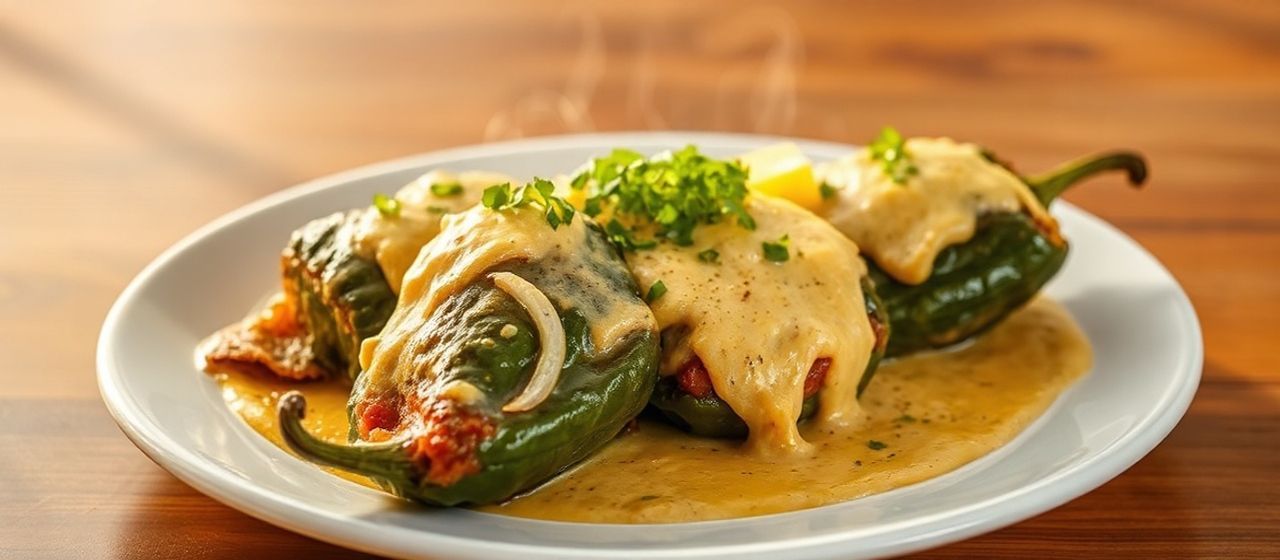 Chiles Rellenos with Poblano Cream Sauce