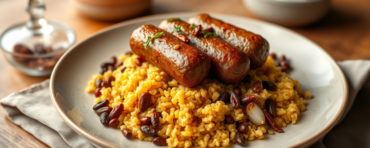 Chipotle-Cured Chicken Sausage with Smoked Lentils and Saffron Rice