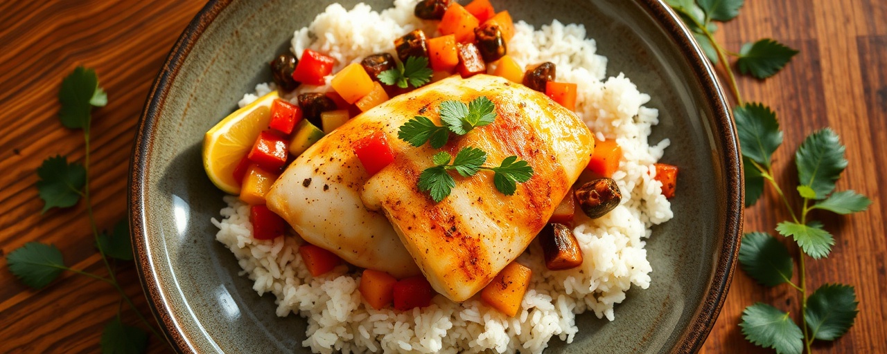 Chipotle-Lime Poached Snapper with Tropical Salsa and Coconut Rice