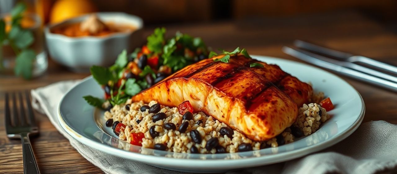 Chipotle Orange Glazed Salmon with Black Bean Quinoa Salad