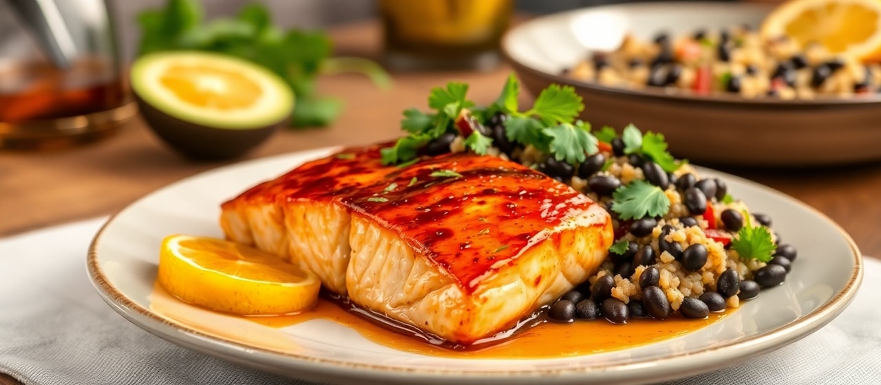Chipotle Orange Glazed Salmon with Black Bean Quinoa Salad