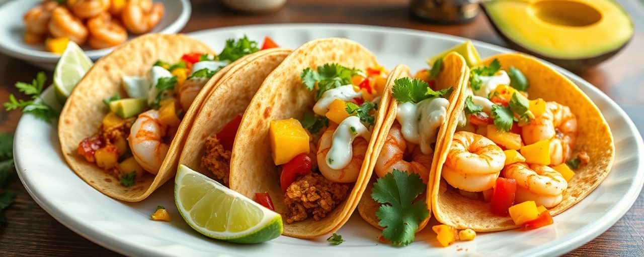 Chipotle Shrimp Tacos with Mango Salsa and Avocado Crema