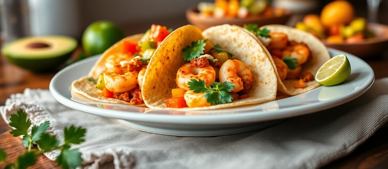 Chipotle Shrimp Tacos with Mango Salsa and Avocado Crema