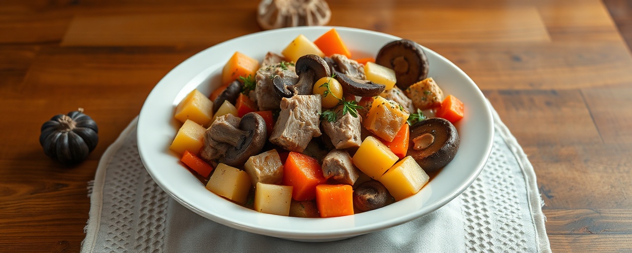 Clay Pot Pork Zharkoye with Black Garlic and Forest Mushrooms
