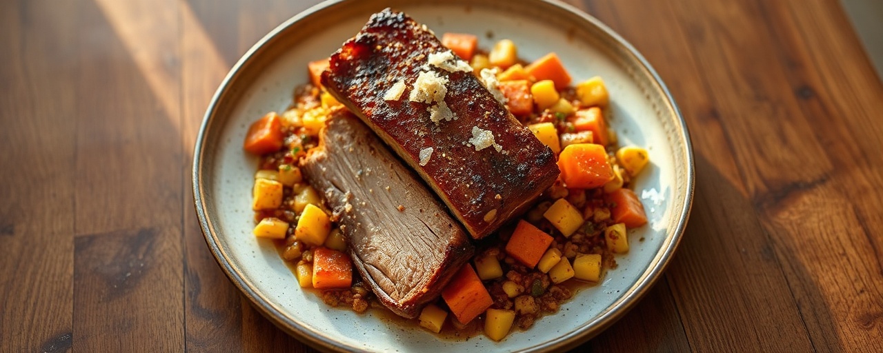 Coconut-Cured Pork Belly with Sweet Potato and Corn Hash