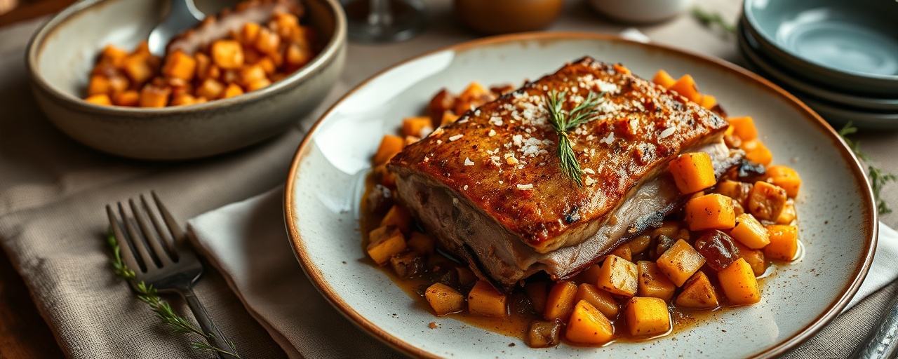 Coconut-Cured Pork Belly with Sweet Potato and Corn Hash