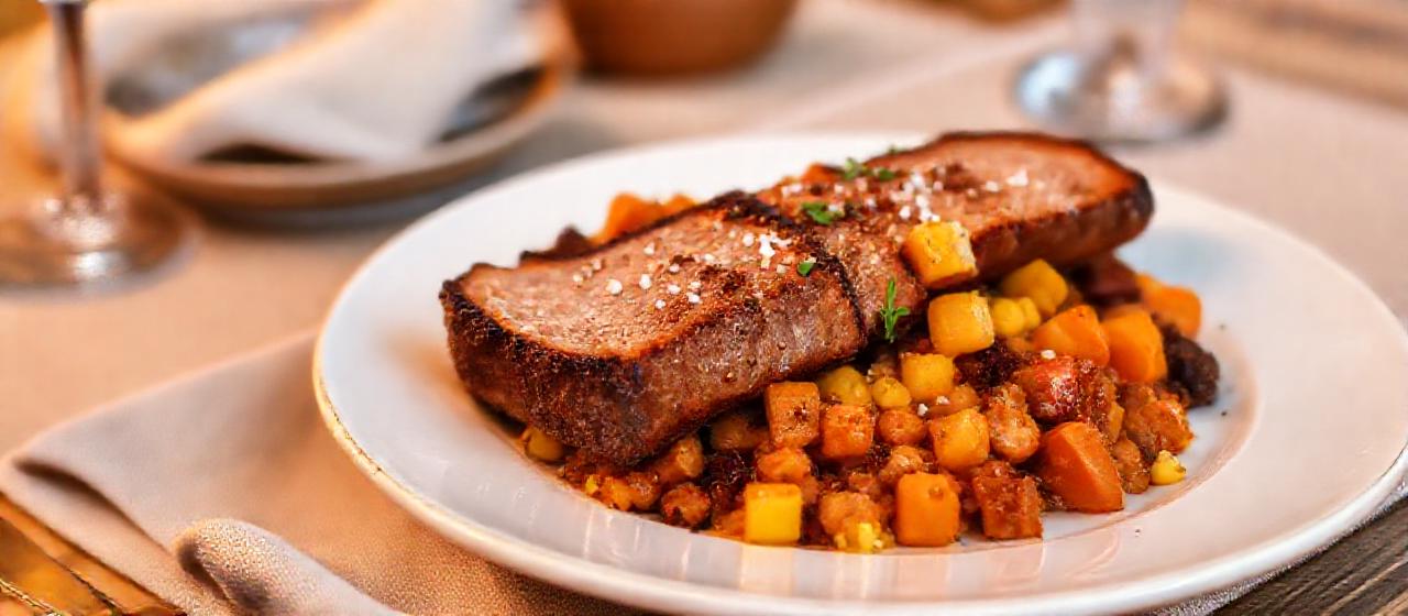 Coconut-Cured Pork Belly with Sweet Potato and Corn Hash