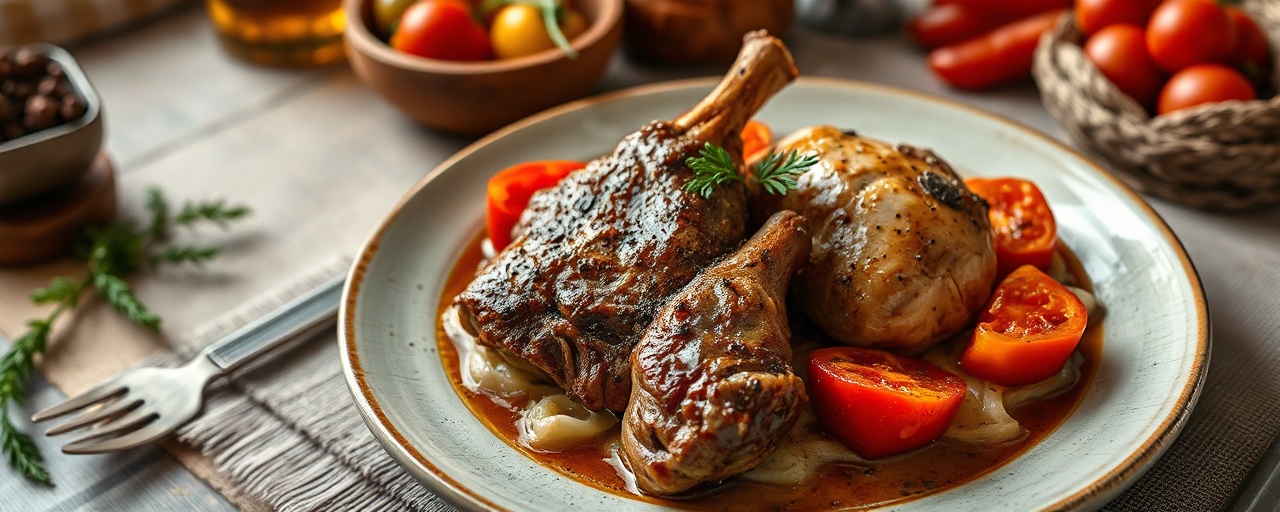 Cordero y Pollo Crujiente con Pimientos Rojos