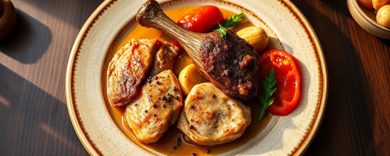 Cordero y Pollo Crujiente con Pimientos Rojos